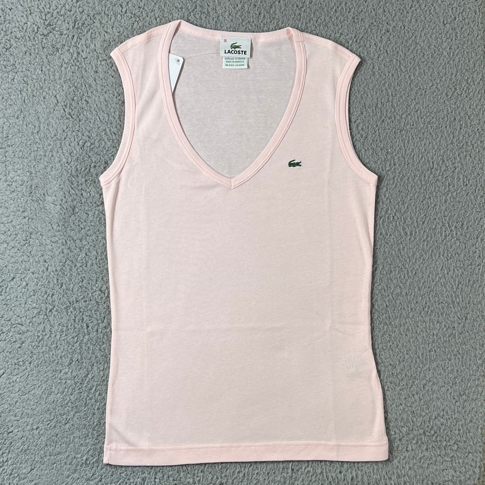 Lacoste Sleeveless Tank Top Women US Size S (EU/4) Pink V-Neck Cotton Logo NWT